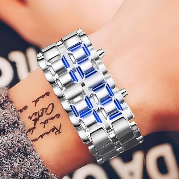 LED‎ Digital Watch, Silver & Blue Stainless Steel Lava Style, Samurai Bracelet - Picture 3 of 3